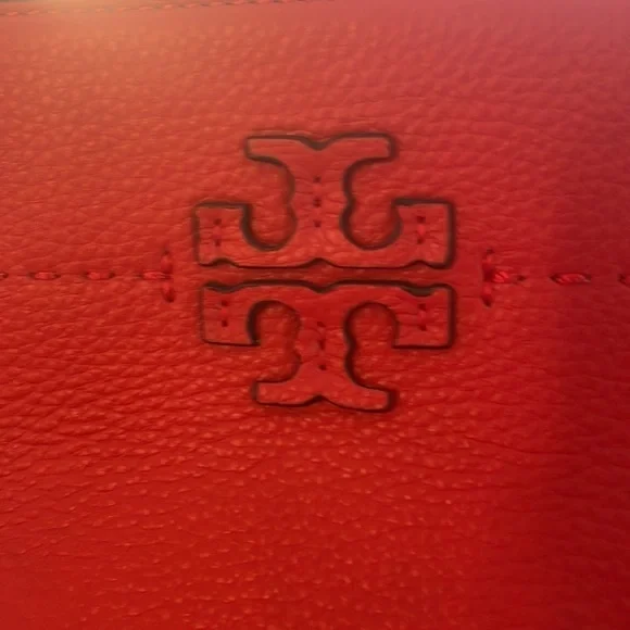 Tory Burch Red Leather Tote Gold Chain Strap Shoulder Bag Large Logo - Picture 2 of 7